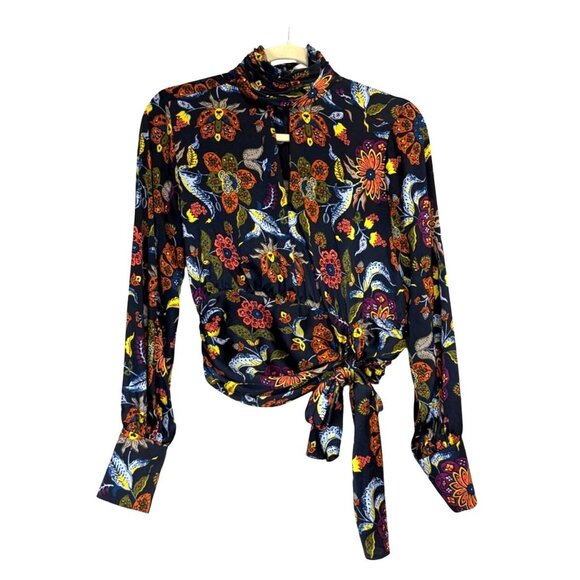 Cinq a Sept Top Jacqueline Silk Black Multicolor Floral Long Sleeve Waist-Tie XS - Picture 1 of 8